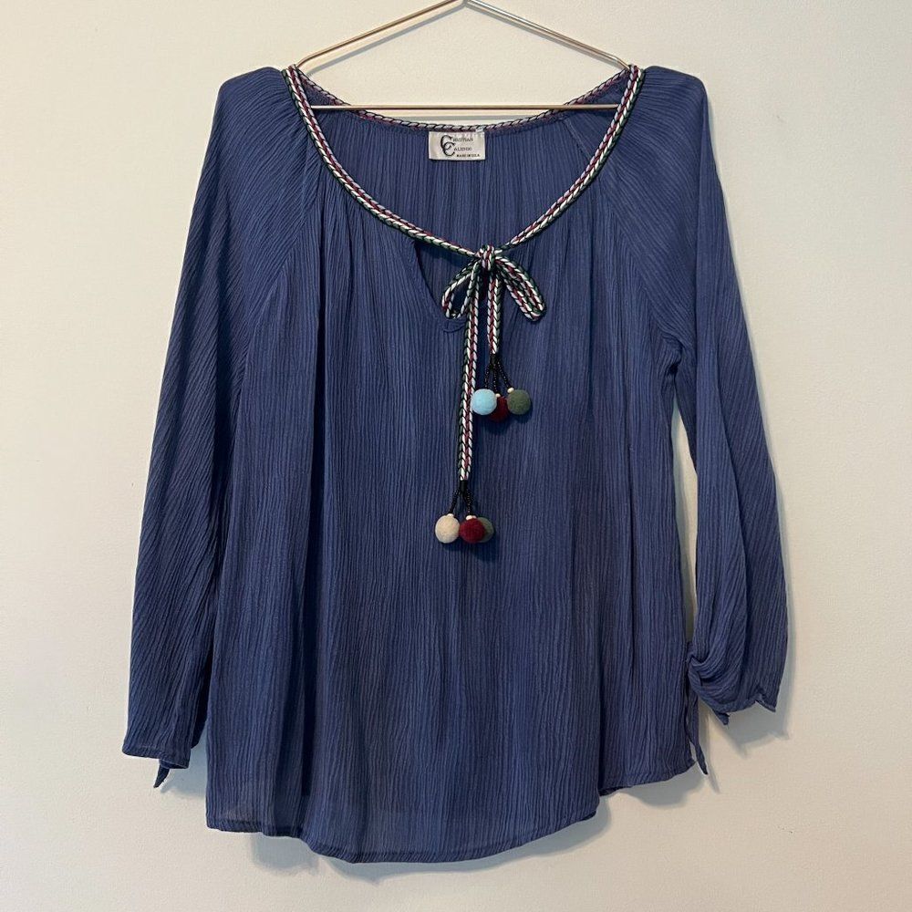 Christian Caliendo Blue Embroidered PomPom Quarter 3/4 Sleeve Top